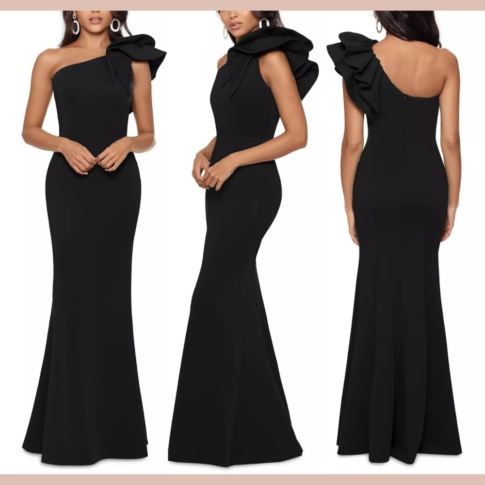 NWT $259 Betsy‎ & Adam [ 10 ] Ruffle One-Shoulder Trumpet Gown Black #Q1291